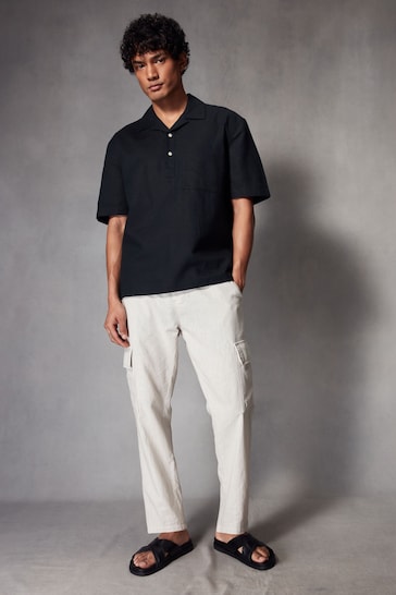 Black Overhead Linen Blend Short Sleeve Shirt