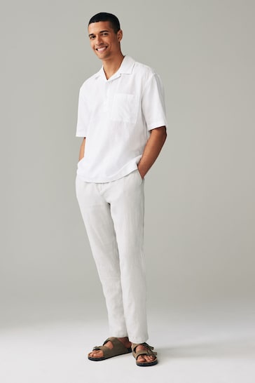 White Overhead Linen Blend Short Sleeve Shirt