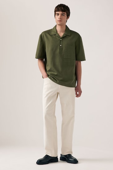 Green Overhead Linen Blend Short Sleeve Shirt