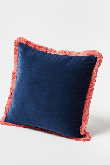 Oliver Bonas Blue Issey Velvet Fringed Ink Blue Cushion Cover