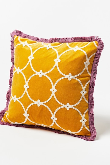 Oliver Bonas Yellow Embroidered Loop Yellow Velvet Cushion Cover