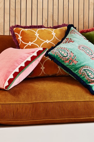 Oliver Bonas Pink Embroidered Border Pink Velvet Cushion Cover