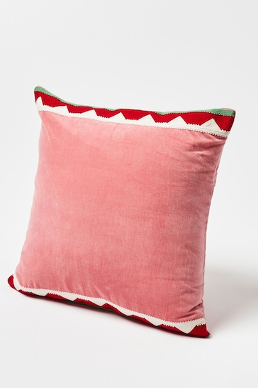 Oliver Bonas Pink Embroidered Border Pink Velvet Cushion Cover