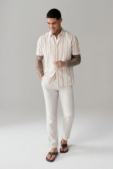 Stone Linen Blend Stripe Short Sleeve leather Shirt