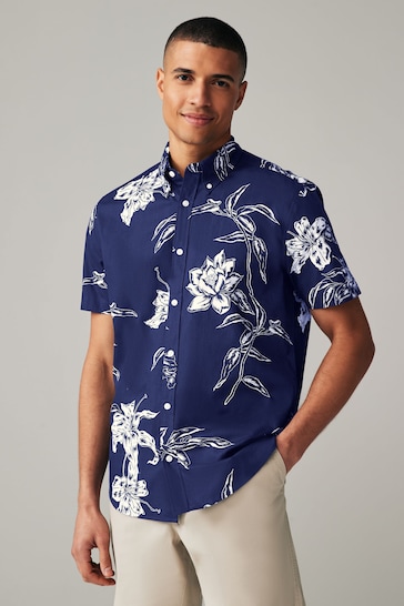 Navy Blue Floral Short Sleeve Shirt