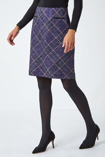 Roman Purple Check Print Pocket Stretch Skirt