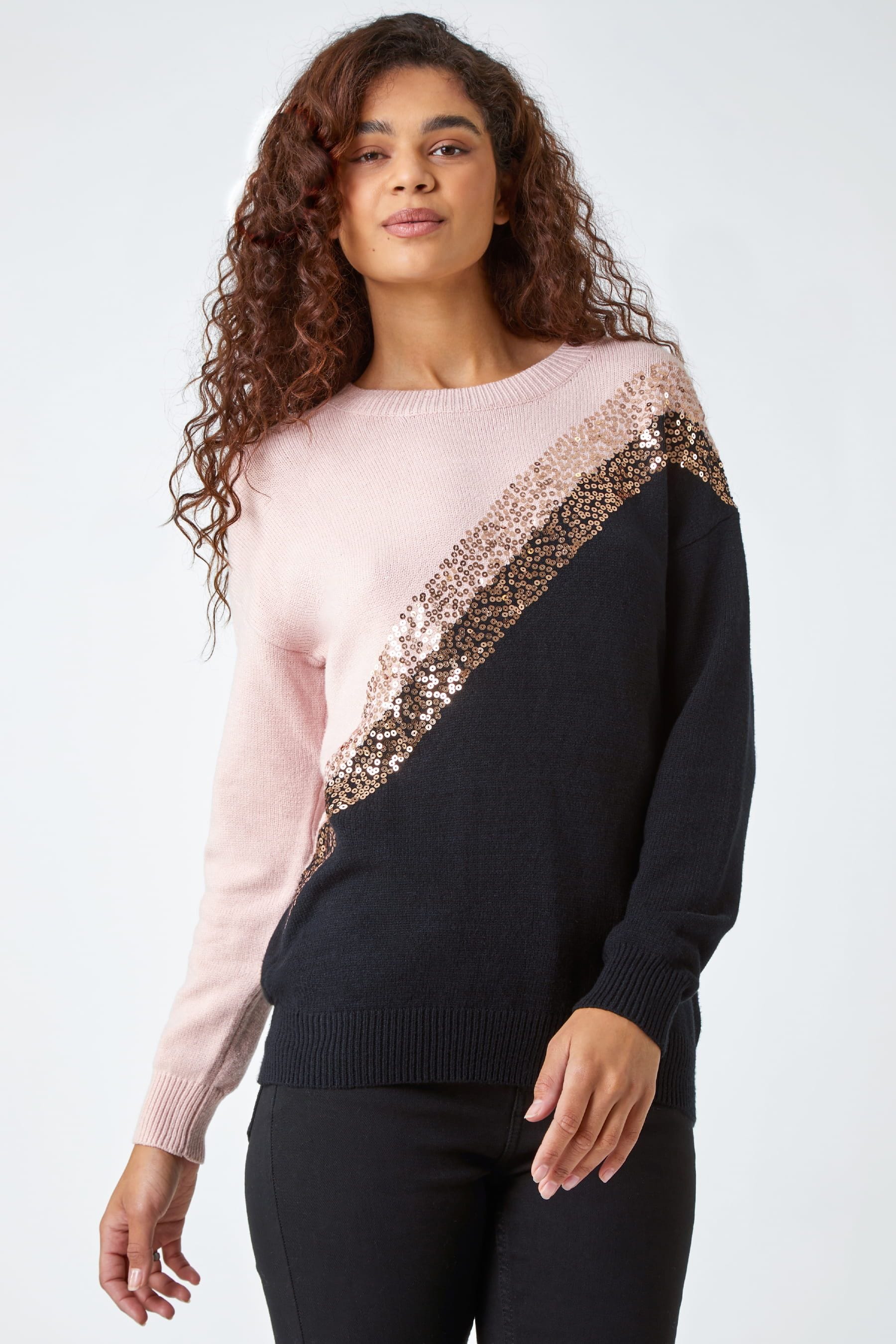 Roman Black Sequin Embellished Colourblock Jumper