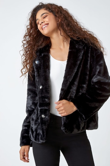 Roman Black Faux Fur Hooded Fleece Jacket