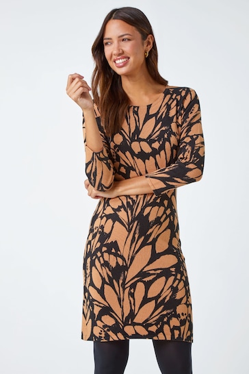 Roman Brown Butterfly Print Knitted Stretch Dress
