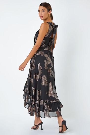 Roman Black Shimmer Halterneck Midi Dress