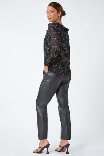 Roman Black Metallic Foil Spot Frill Detail Top