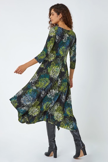 Roman Green Floral Hanky Hem Stretch Midi Dress