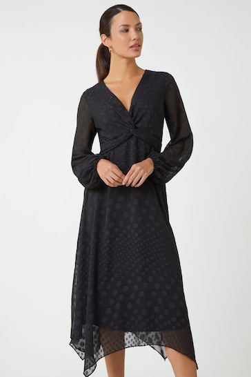 Roman Black Polka Dot Twist Detail Chiffon Dress