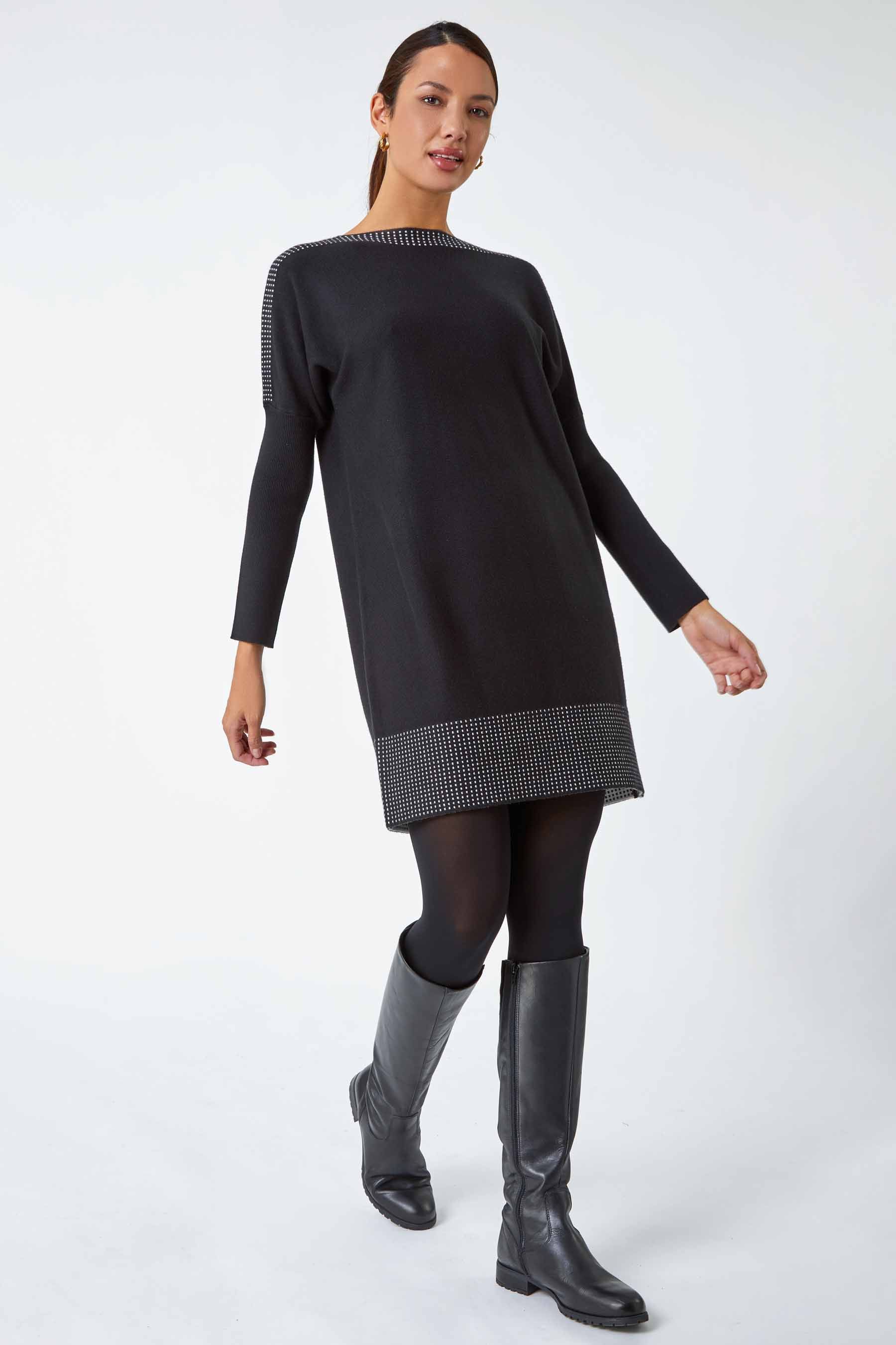 Buy Roman Black Contrast Spot Border Knit Jumper Dress from the