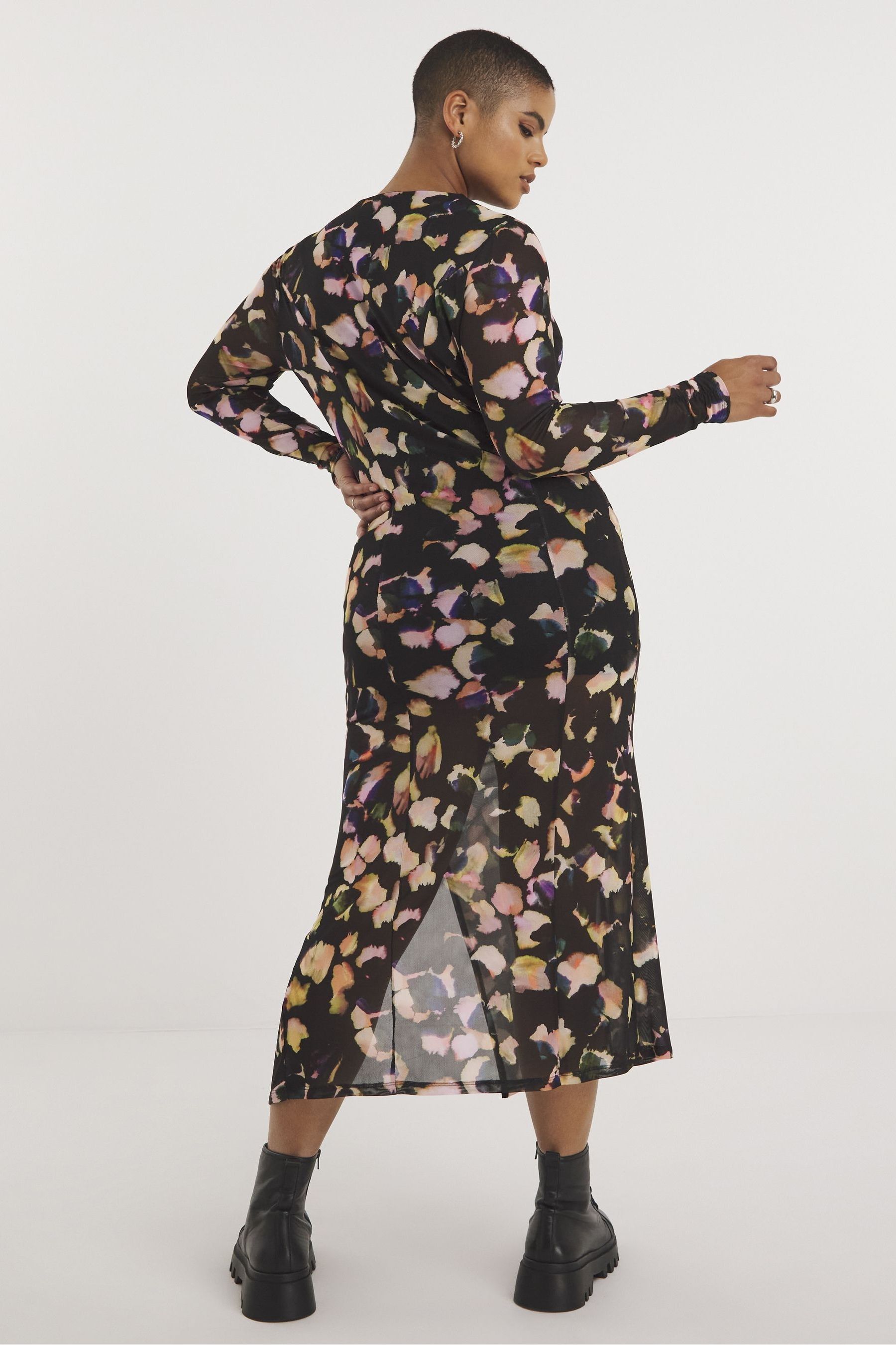 Black mesh ruched midi dress online