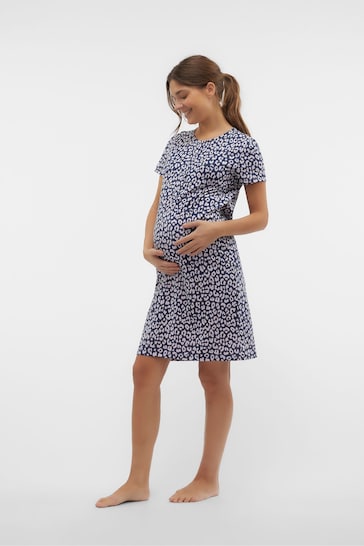 Mamalicious Blue Maternity Button Front Comfort Night Dress With Nursing Function