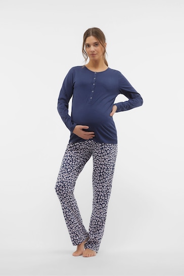 Mamalicious Blue Maternity Button Front Pyjamas Set With Nursing Function