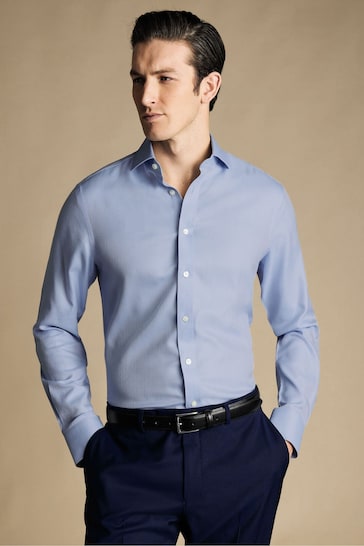 Charles Tyrwhitt Blue Slim Fit Cutaway Non-iron Herringbone Shirt