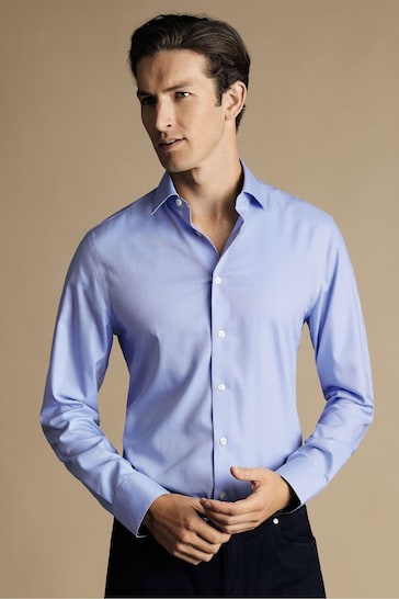 Charles Tyrwhitt Blue Non-iron Twill With Printed Trim Slim Fit Shirt