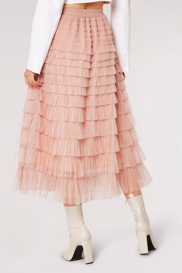 Apricot Pink Tulle Layered Midi Skirt