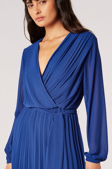 Apricot Blue Pleated Long Sleeve Chiffon Wrap Dress