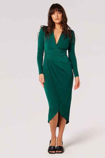 Apricot Green Draped Ity Wrap Skirt Midi Dress