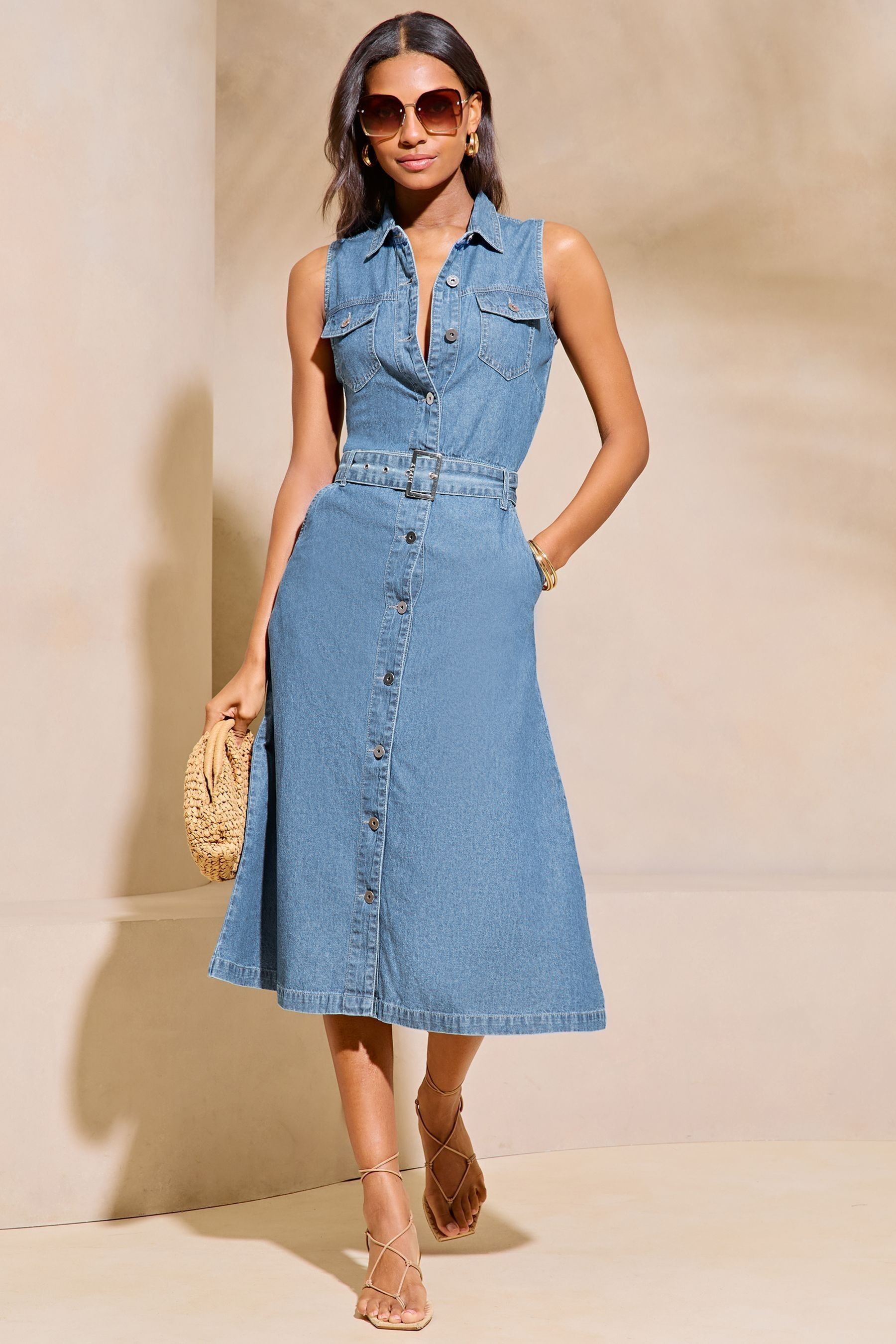 Lipsy Blue Sleeveless Button Through Denim Midi Dress