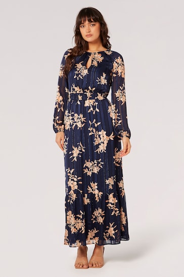 Apricot Blue Silhouette Floral Satin Shimmer Maxi Dress