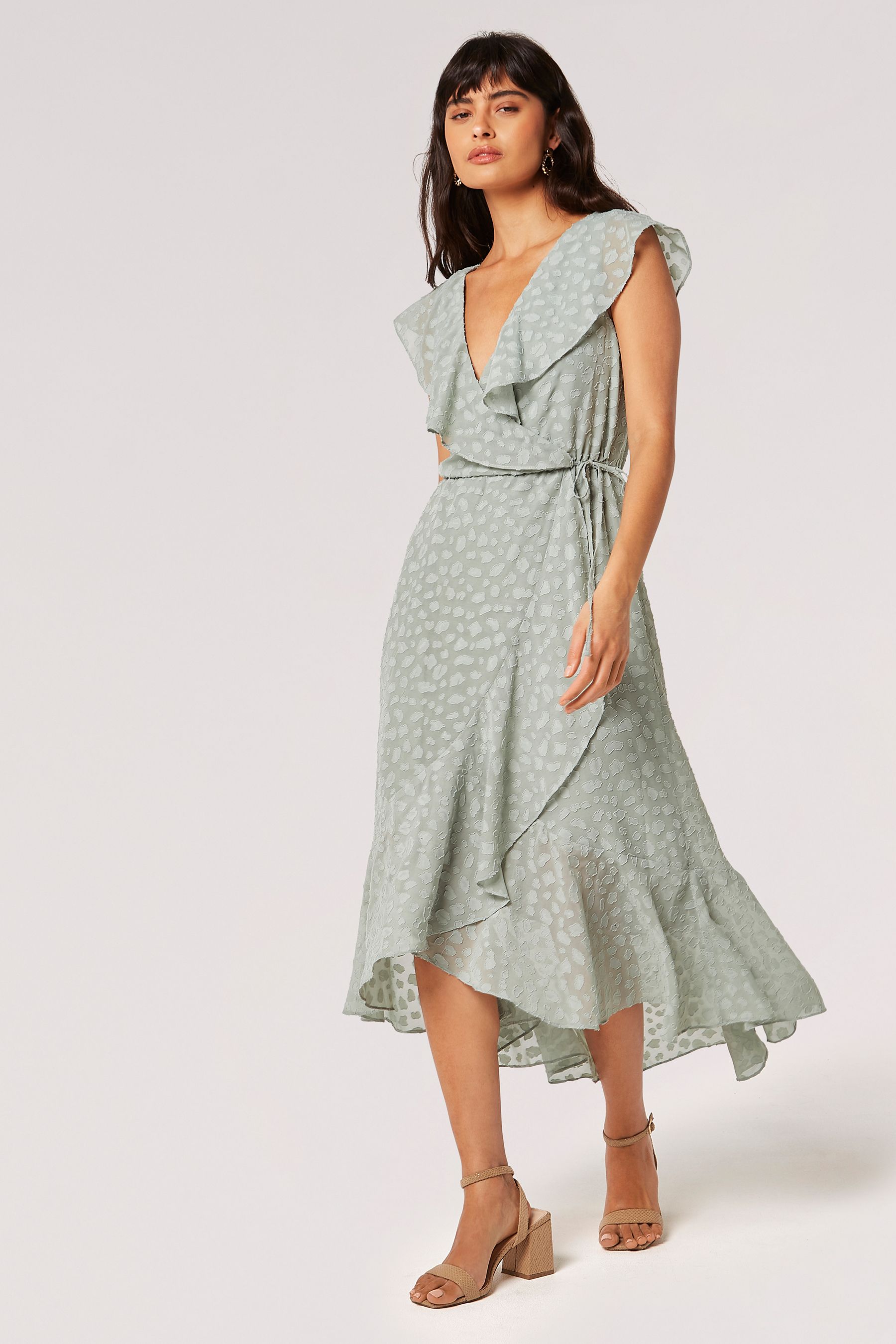 Apricot Green Clouds Ruffle Faux Wrap Dress