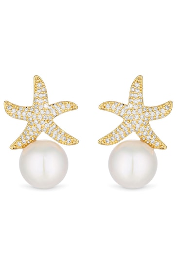 Jon Richard Gold Tone Cubic Zirconia Starfish Pearl Drop Stud Earrings