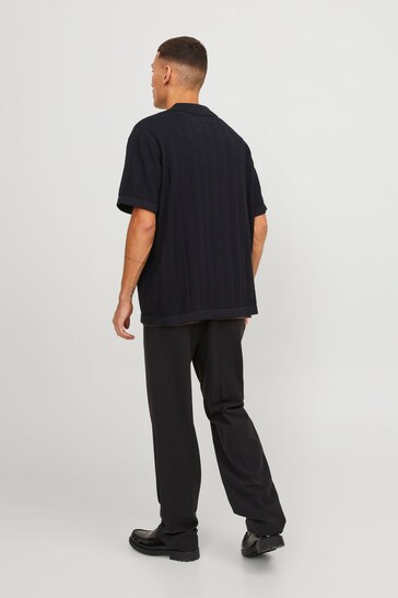 JACK & JONES Black Stuctured Knitted Short Sleeve Button Up Shirt
