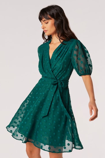 Apricot Green Pleat Wrap Jacquard Dot Dress