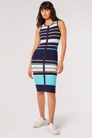 Apricot Blue Mixed Stripe Button Ribbed Knit Maxi Dress