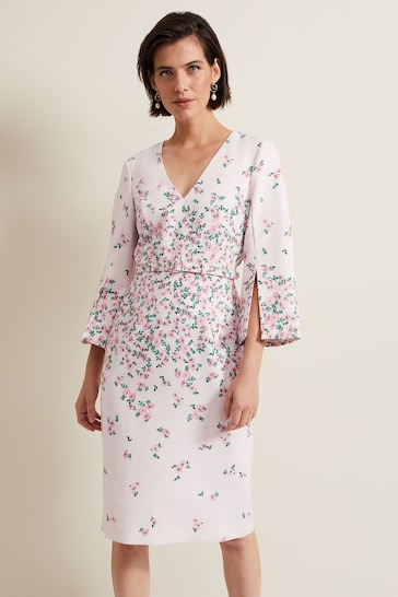 Phase Eight Pink Giovanna Floral Belted Split Sleeve Dress