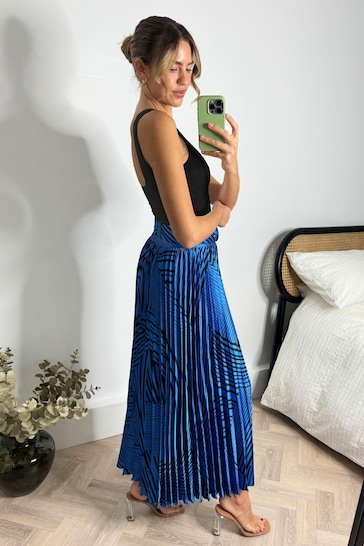 Style Cheat Blue Demi Belted Pleated Midi Skirt