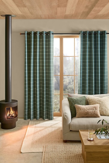 Green Brushed Check Lined Eyelet Curtains