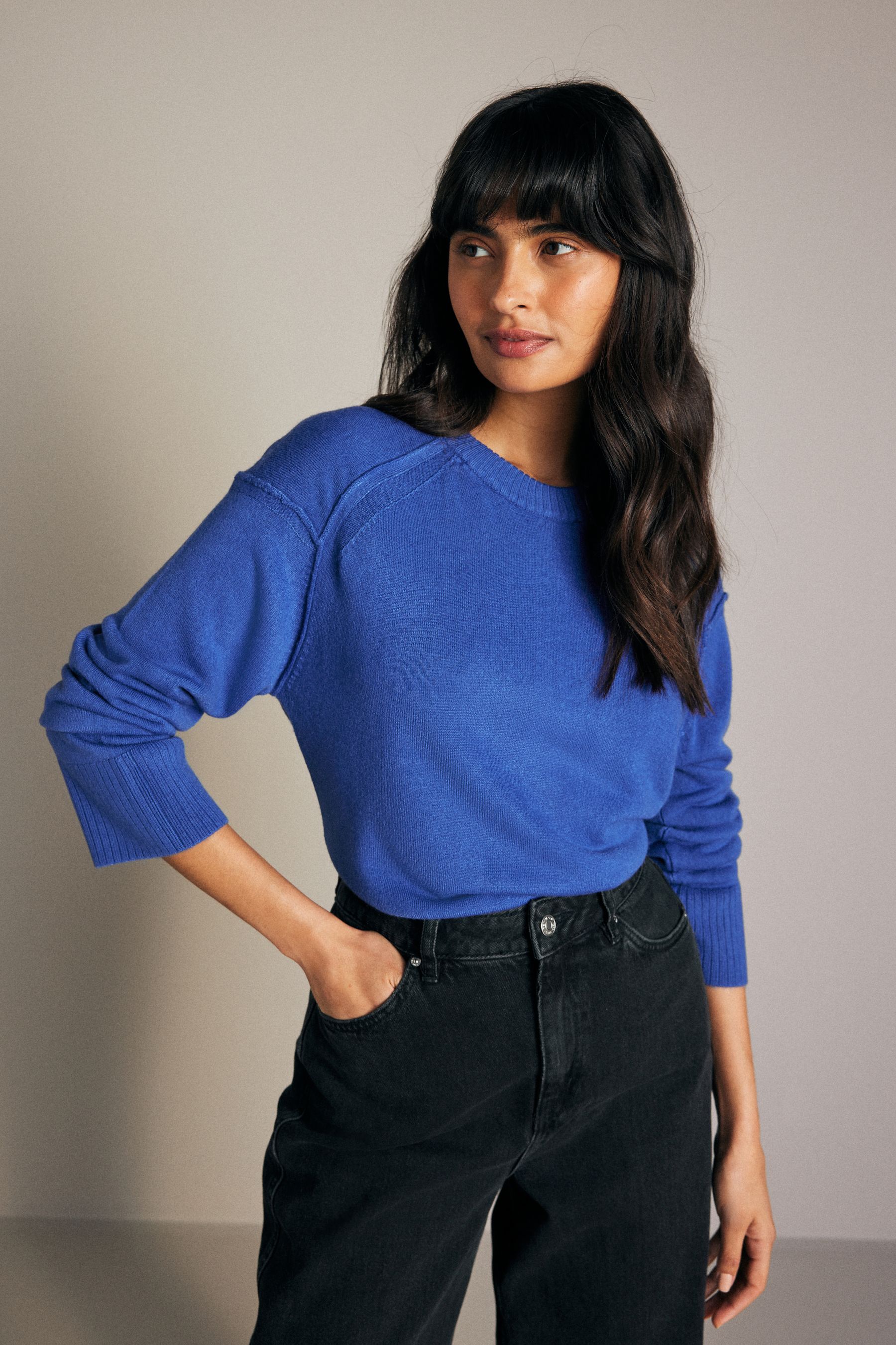 Cobalt Blue Soft Touch Pattern Knitted Cosy Crew Neck Jumper