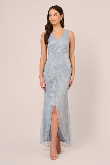 Adrianna Papell Blue Metallic Mesh Cascade Gown