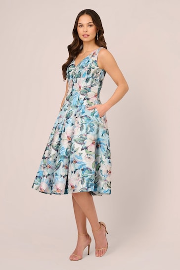 Adrianna Papell Blue Floral Jacquard Midi Dress