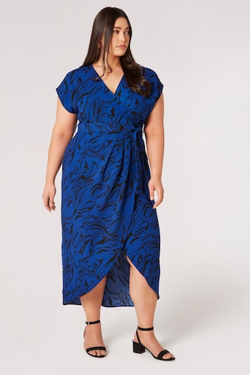Apricot Blue Swirling Waves Wrap Midi Dress
