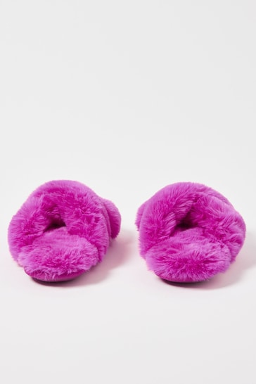 Oliver Bonas Pink Faux Fur Crossover Fuchsia Pink Slippers