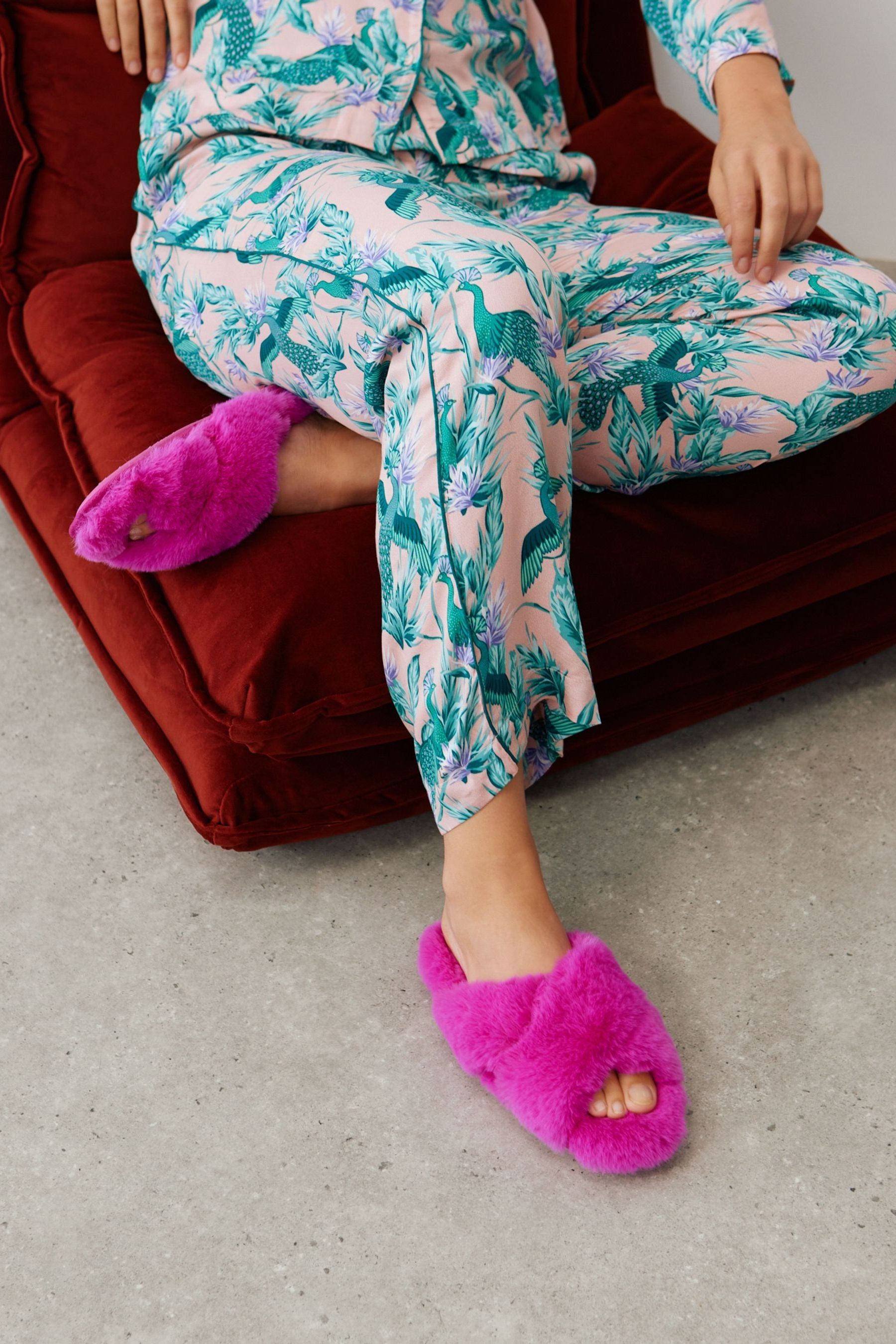 Buy Oliver Bonas Pink Faux Fur Crossover Fuchsia Pink Slippers