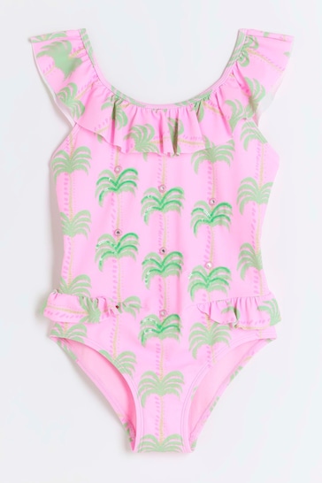 River Island Pink Girls Palm Print Swimsuit