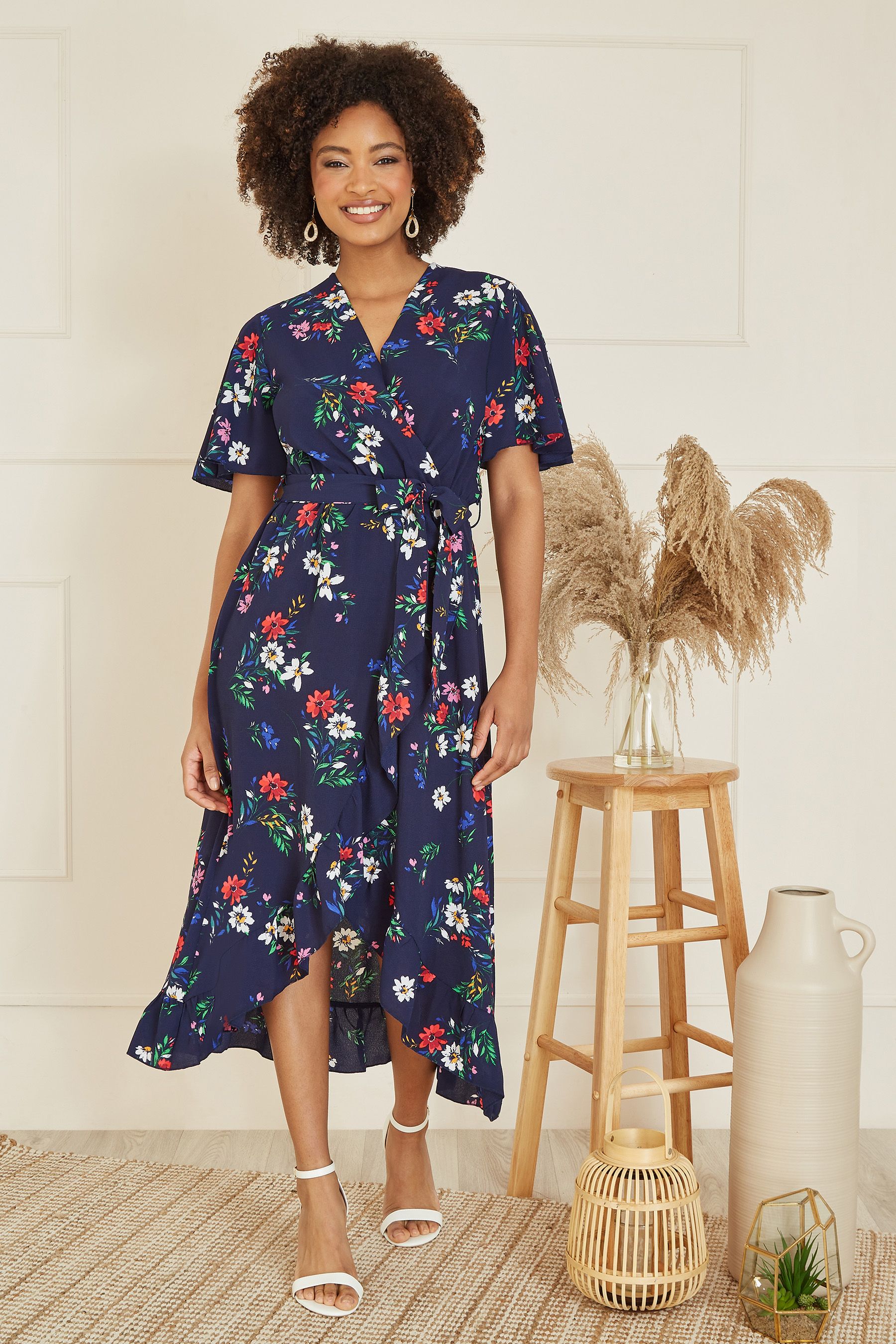 Buy Mela Blue Floral Wrap Dress With Frill Hem from the Next UK