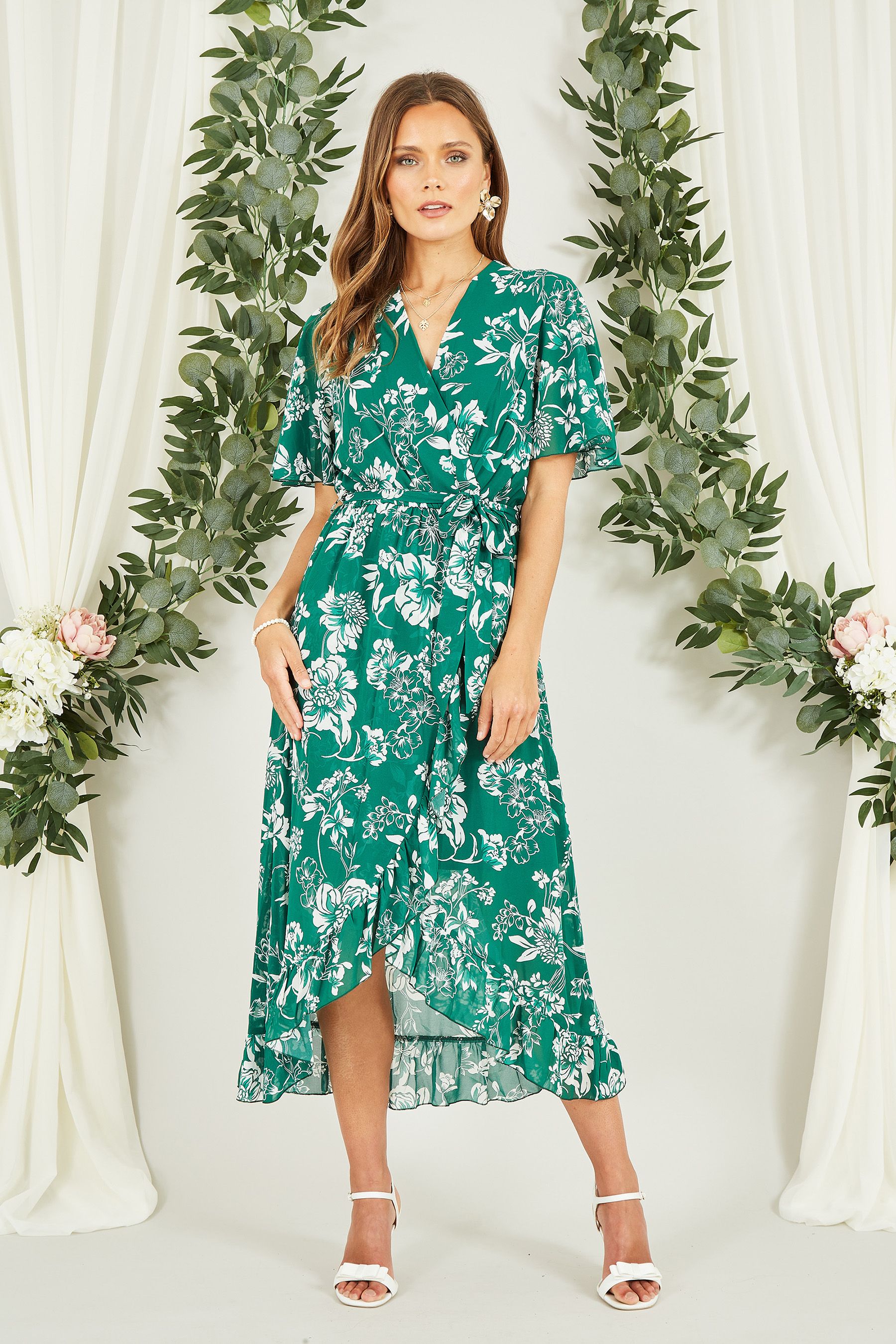 Buy Mela Green Floral Wrap Midi Dress With Frill Detail from the