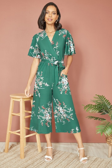 Mela Green Floral Print Jumpsuit With Angel Sleeves