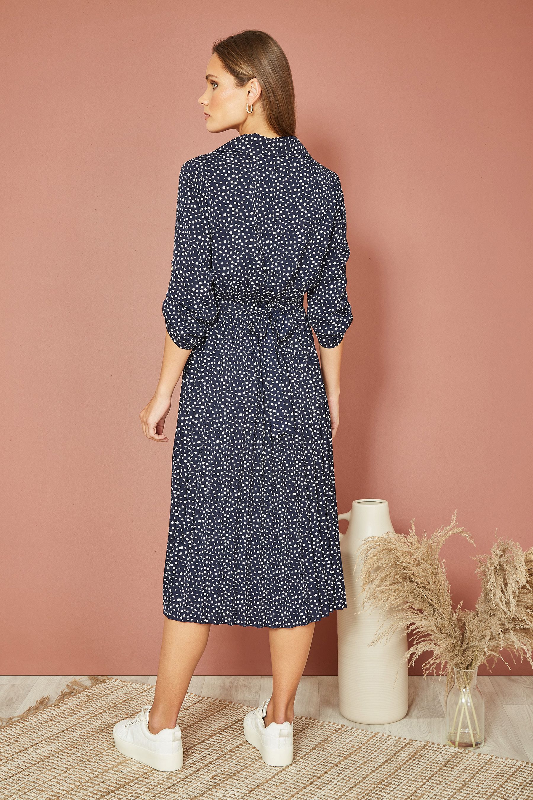 Mela Blue Pleated Skirt Midi Dress With Belt Buckle