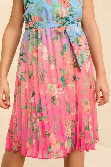 L&R | Love & Roses Blue/Pink Tropical Chiffon Ruffle Sleeve Pleated Dress (5-16yrs)