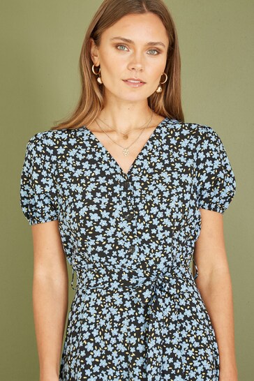 Mela Blue Ditsy Floral Print Midi Shirt Dress