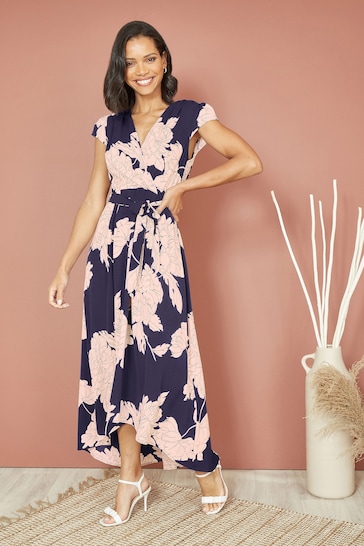 Mela Blue Blossom Print Wrap Midi Dress With Dipped Hem